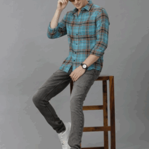 Men Classic Spread Collar Tartan Checked Cotton Slim Fit Casual Shirt